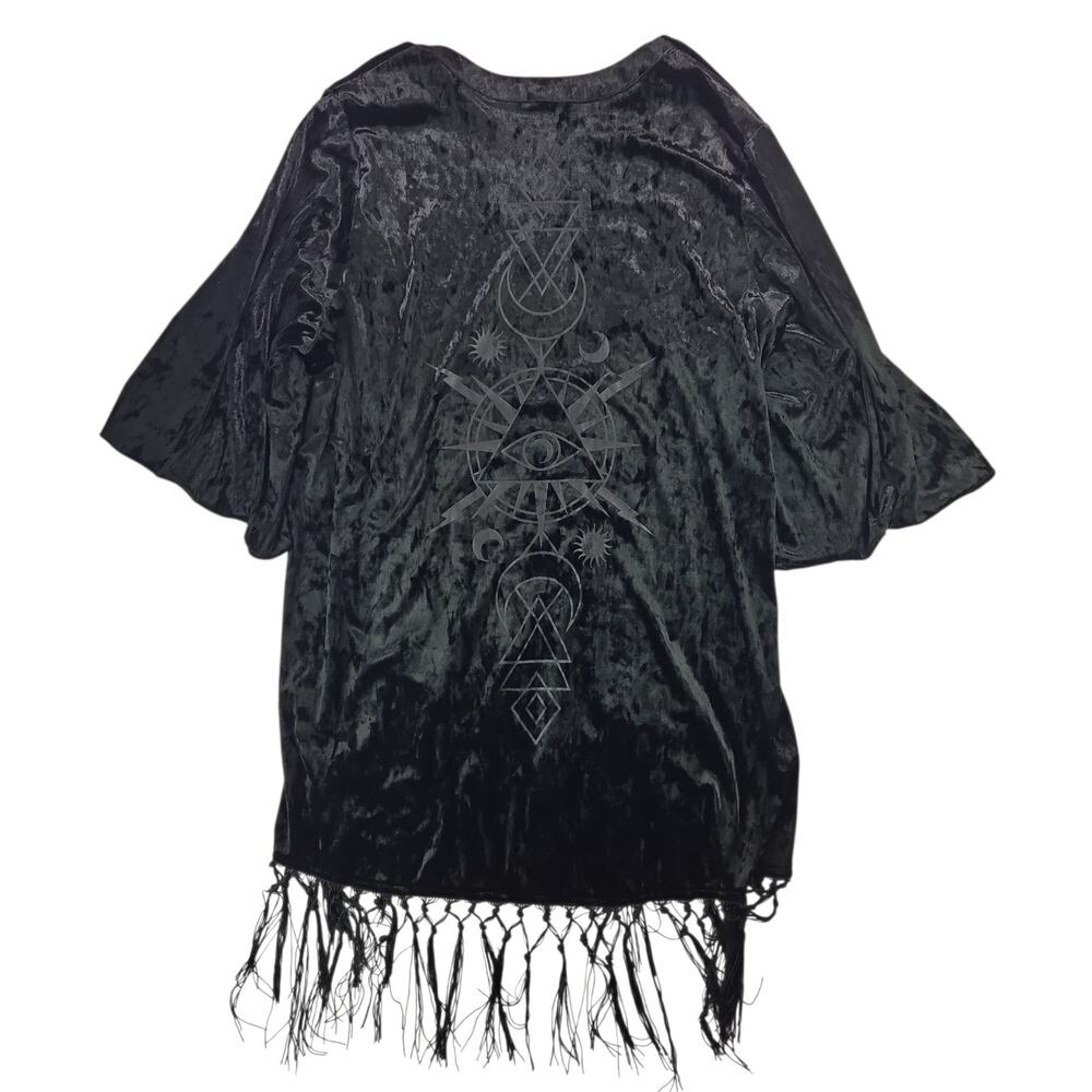 Black Velvet Kimono Shawl w/Fringe & Moon/Sun/3rd Eye Graphics on Back | Size OS - Picture 2 of 3